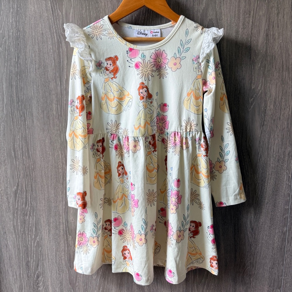 Disney PatPat Belle Dress Girls 5-6Y Cream Floral Lace Ruffle Princesscore